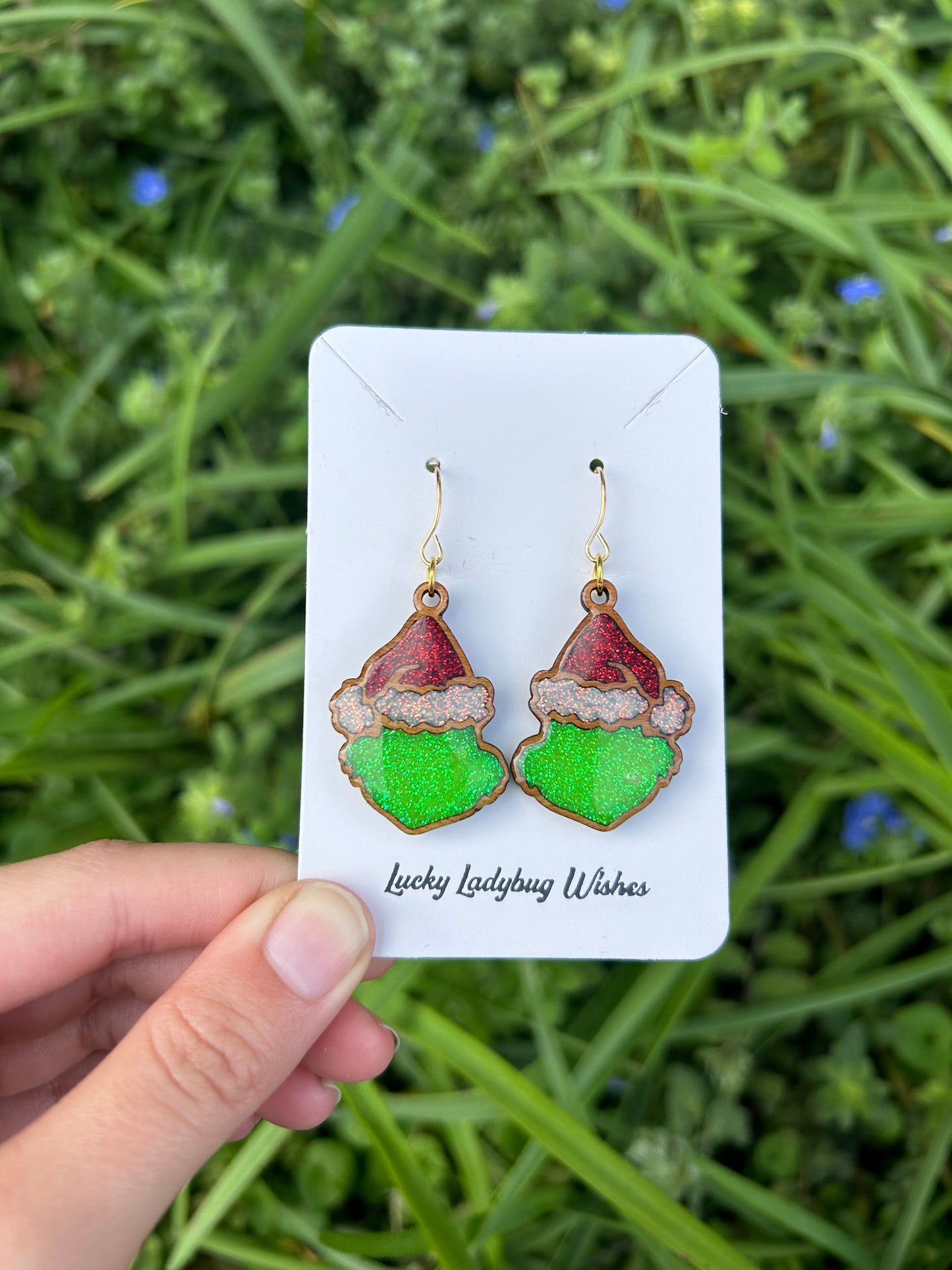 Wooden grinch earrings