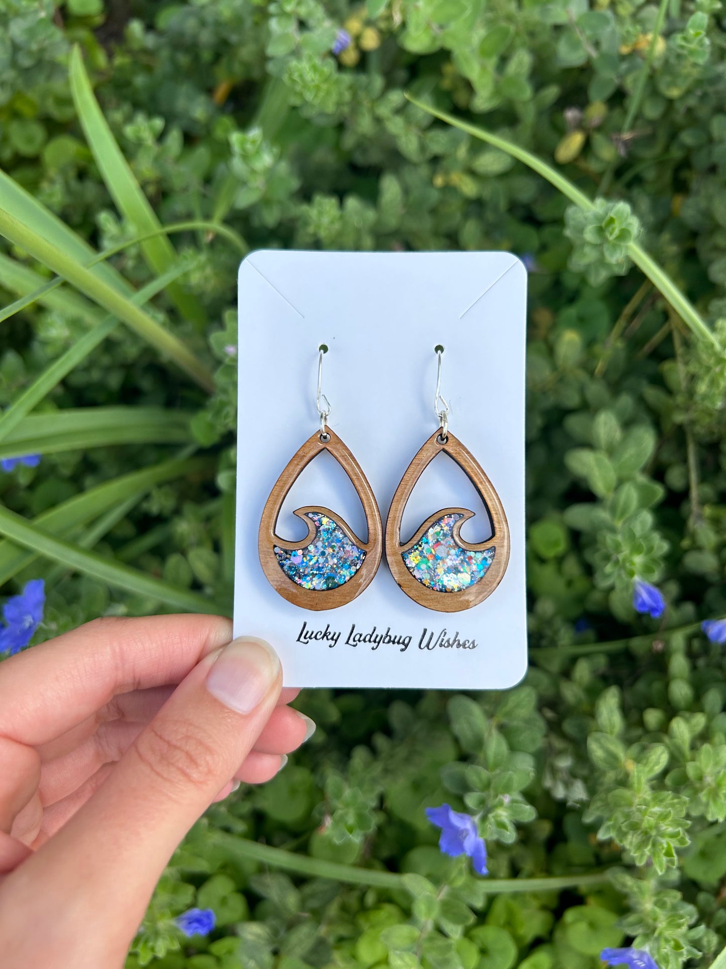 Wooden teardrop wave earrings