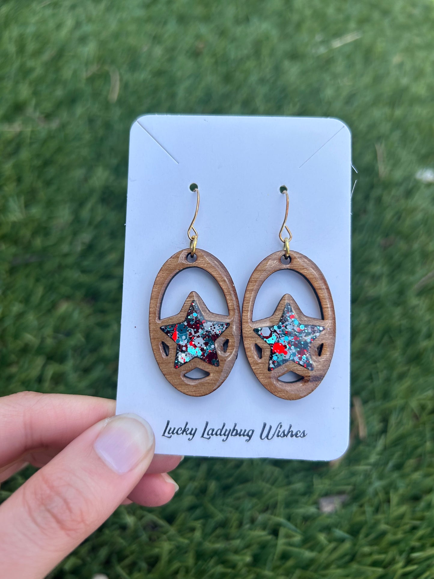 Oval Stars wooden earrings