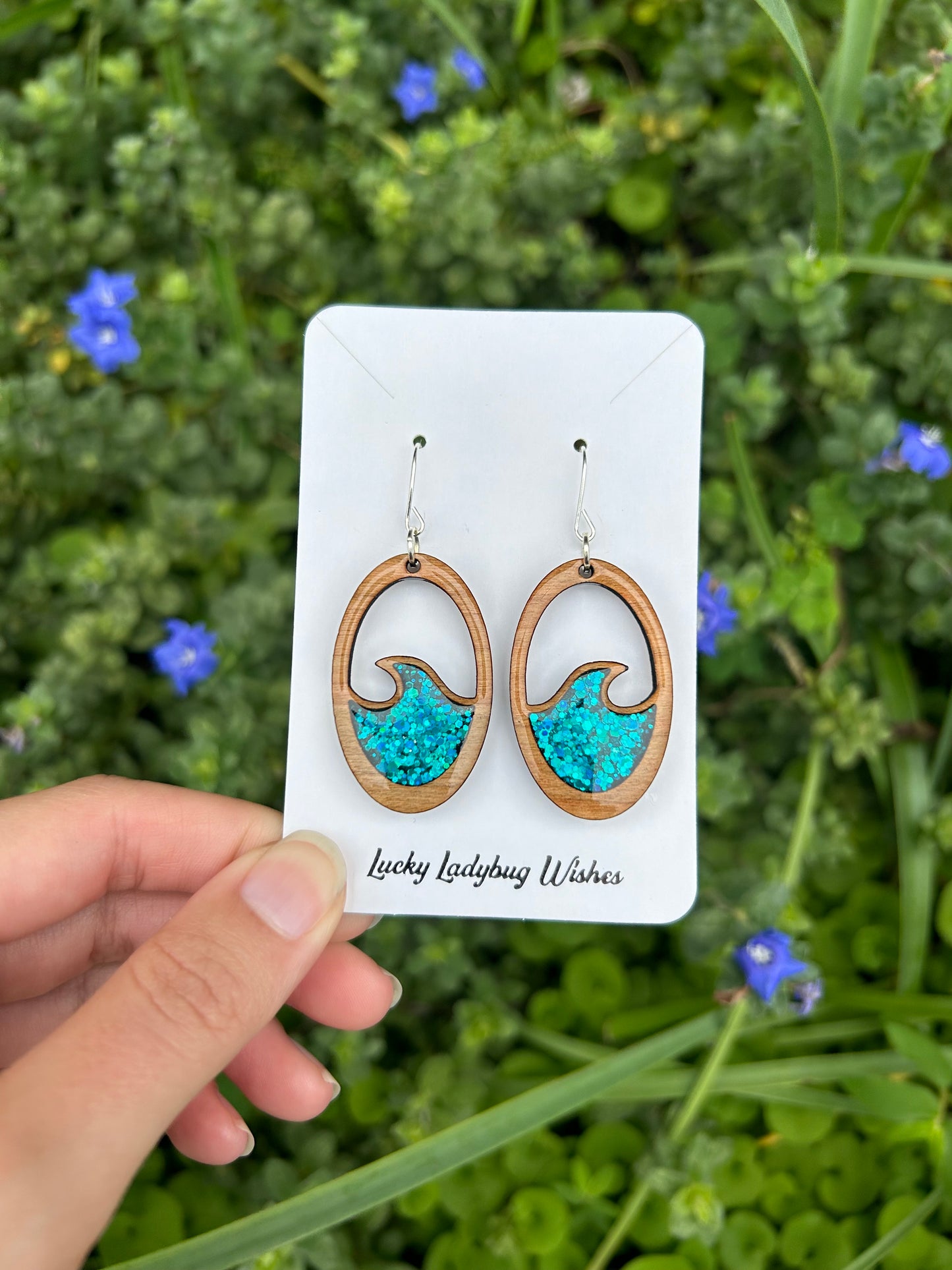 Oval wave wooden earrings