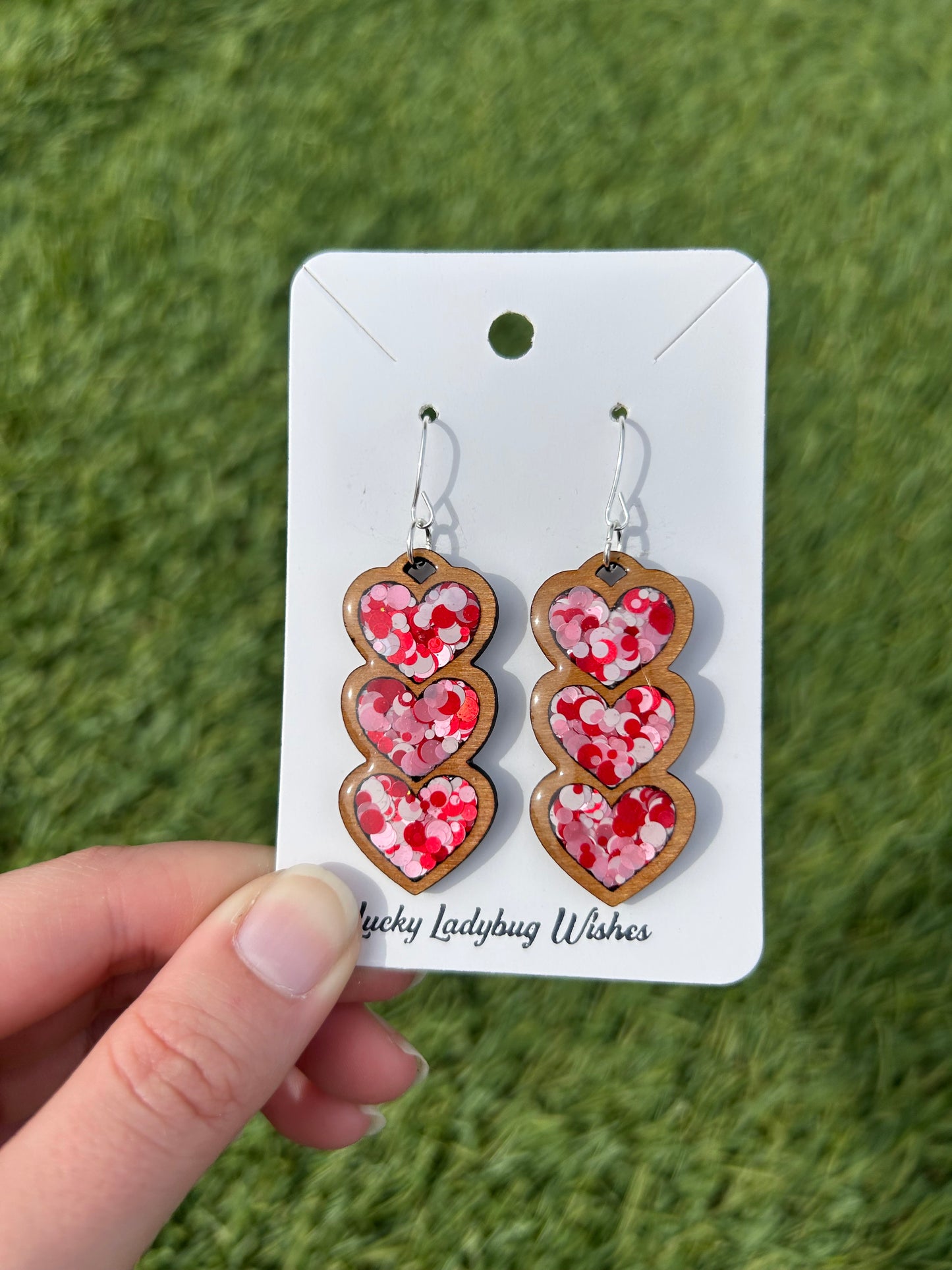 3 stack heart wooden earrings