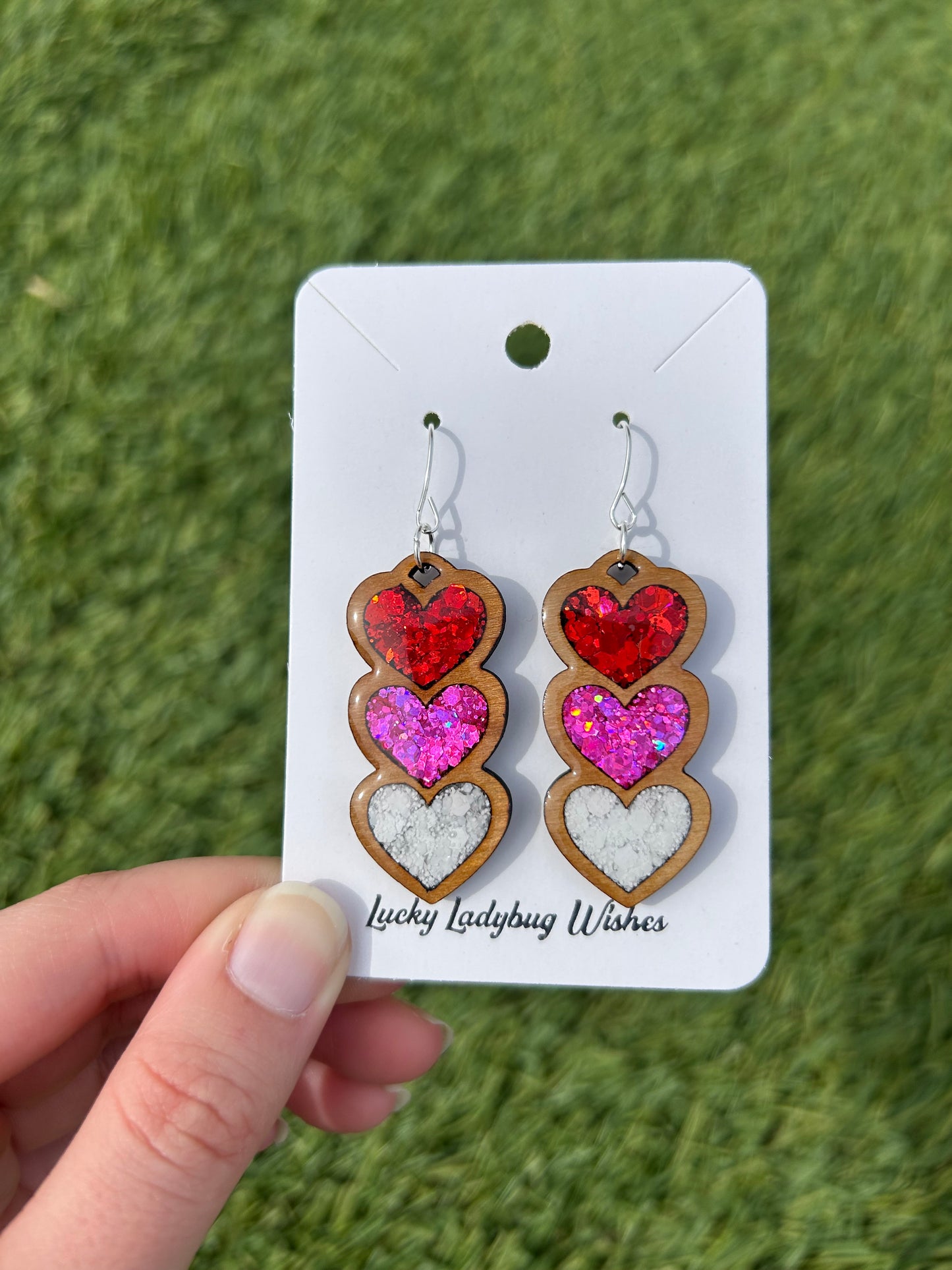 3 stack heart wooden earrings