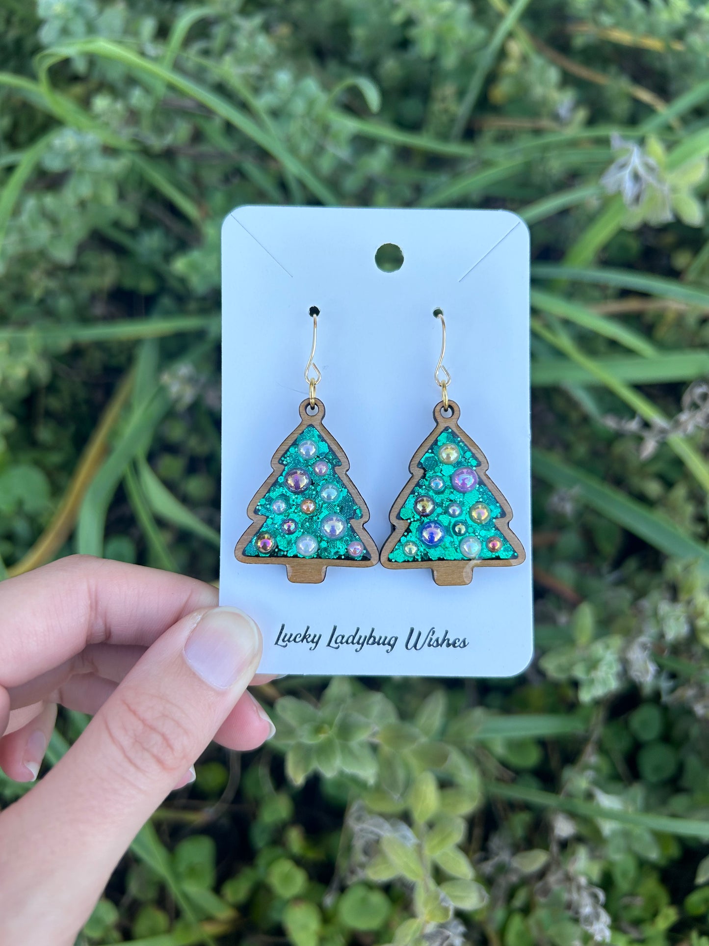 Wooden Christmas tree earrings