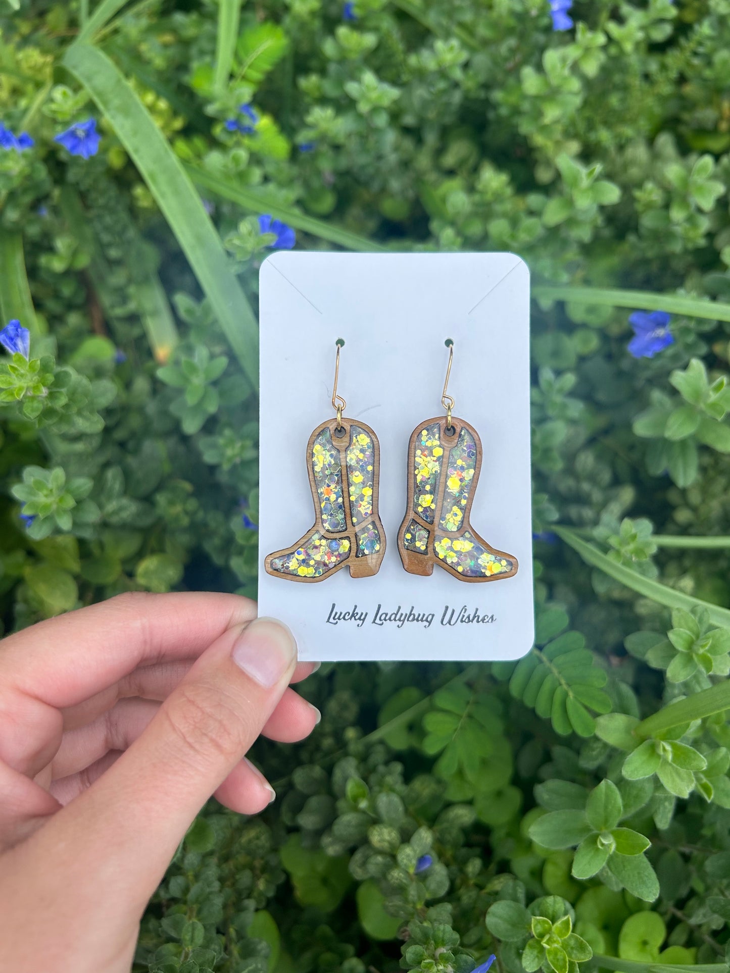 Wooden cowgirl boot earrings