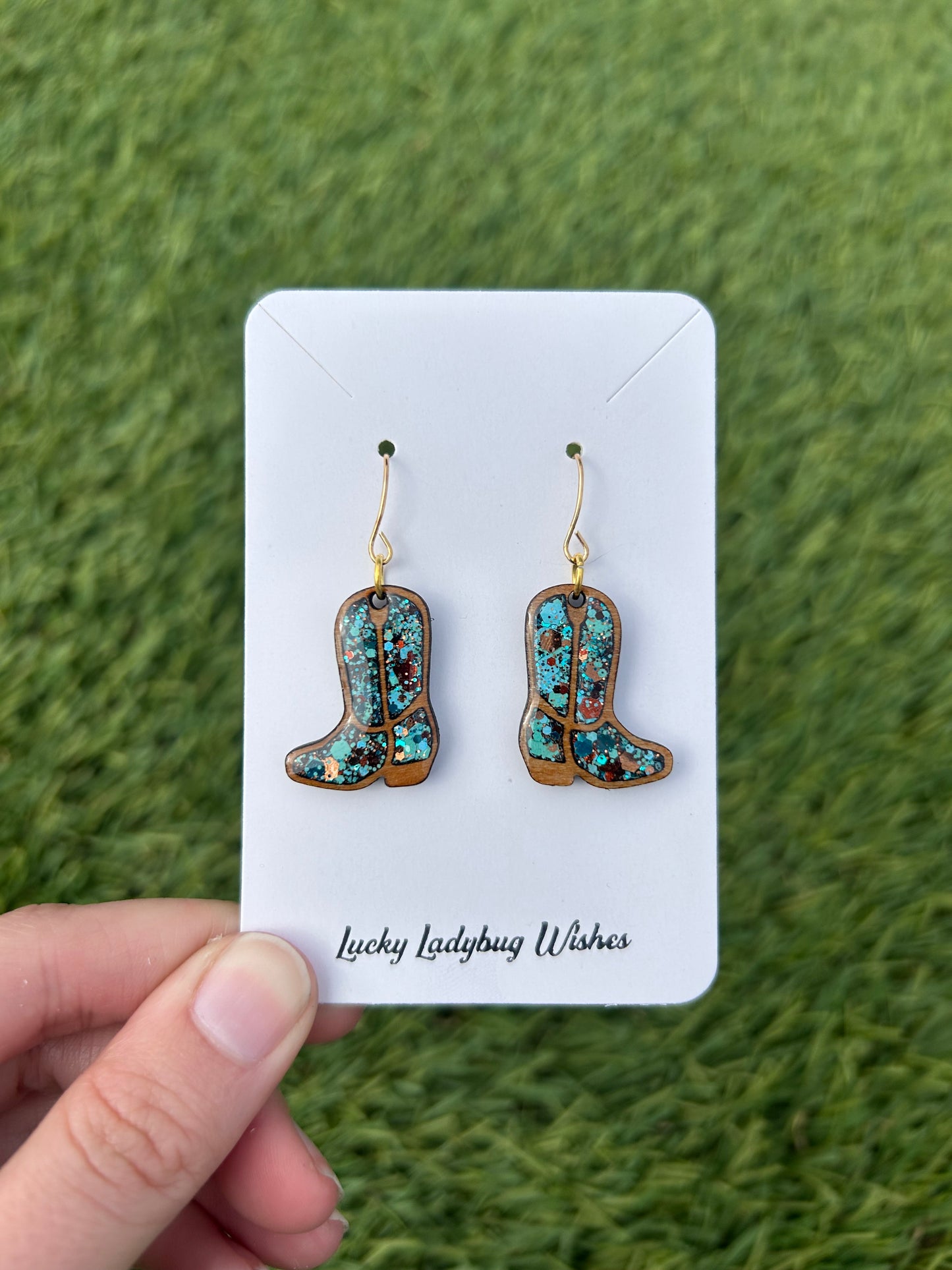 Wooden cowgirl boot earrings