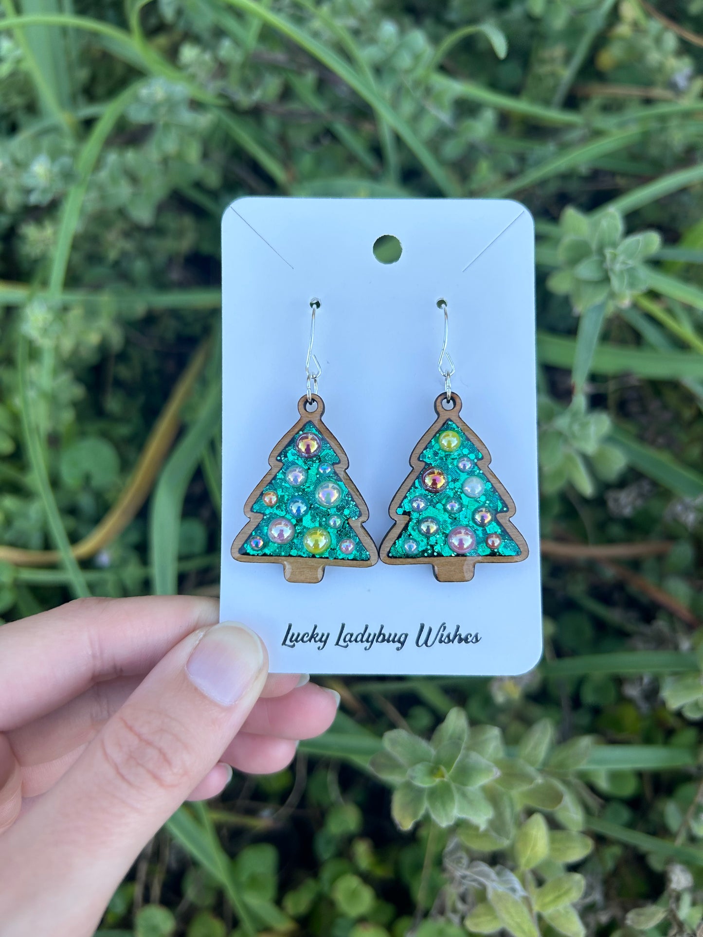 Wooden Christmas tree earrings