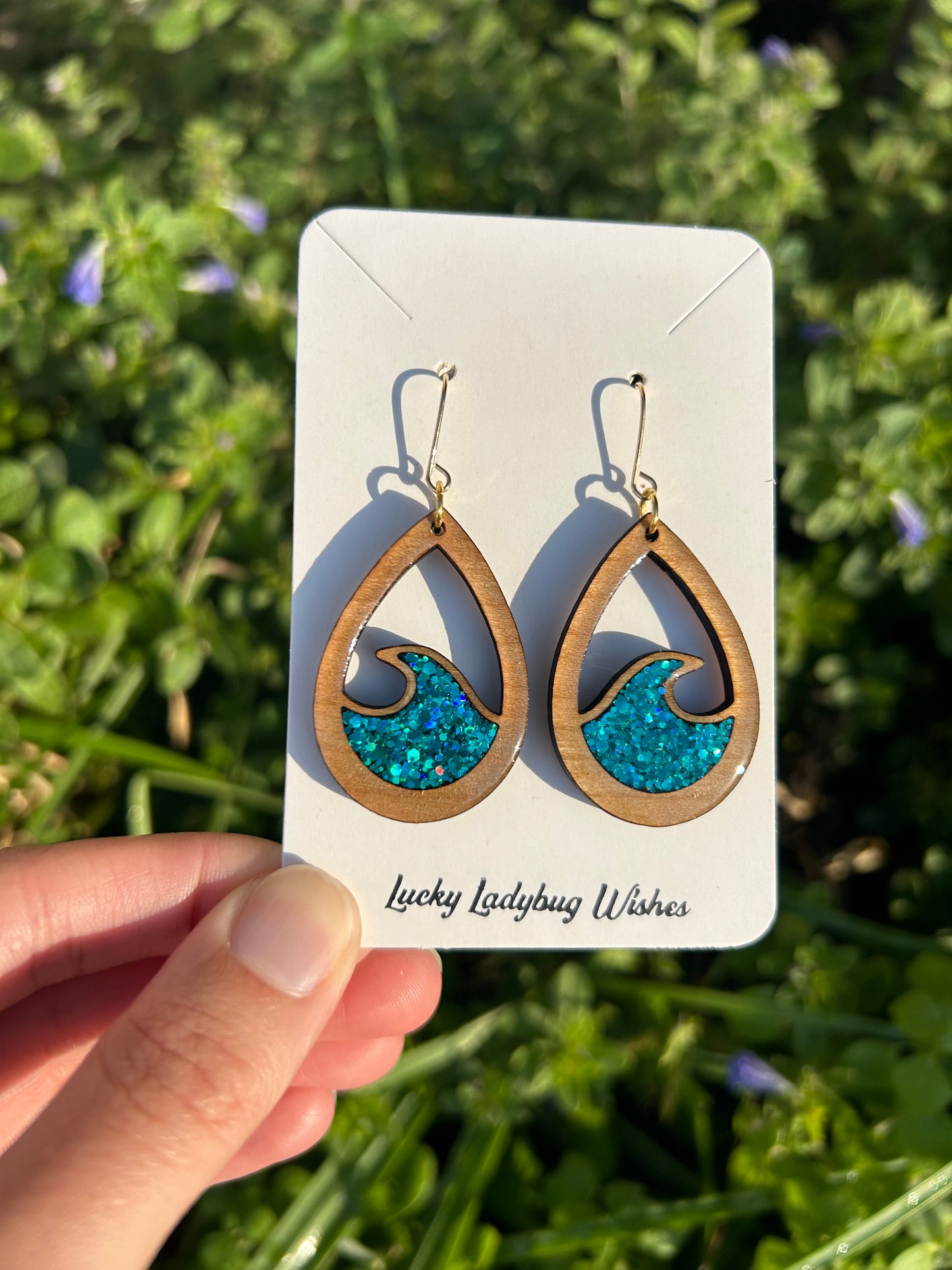 Wooden teardrop wave earrings