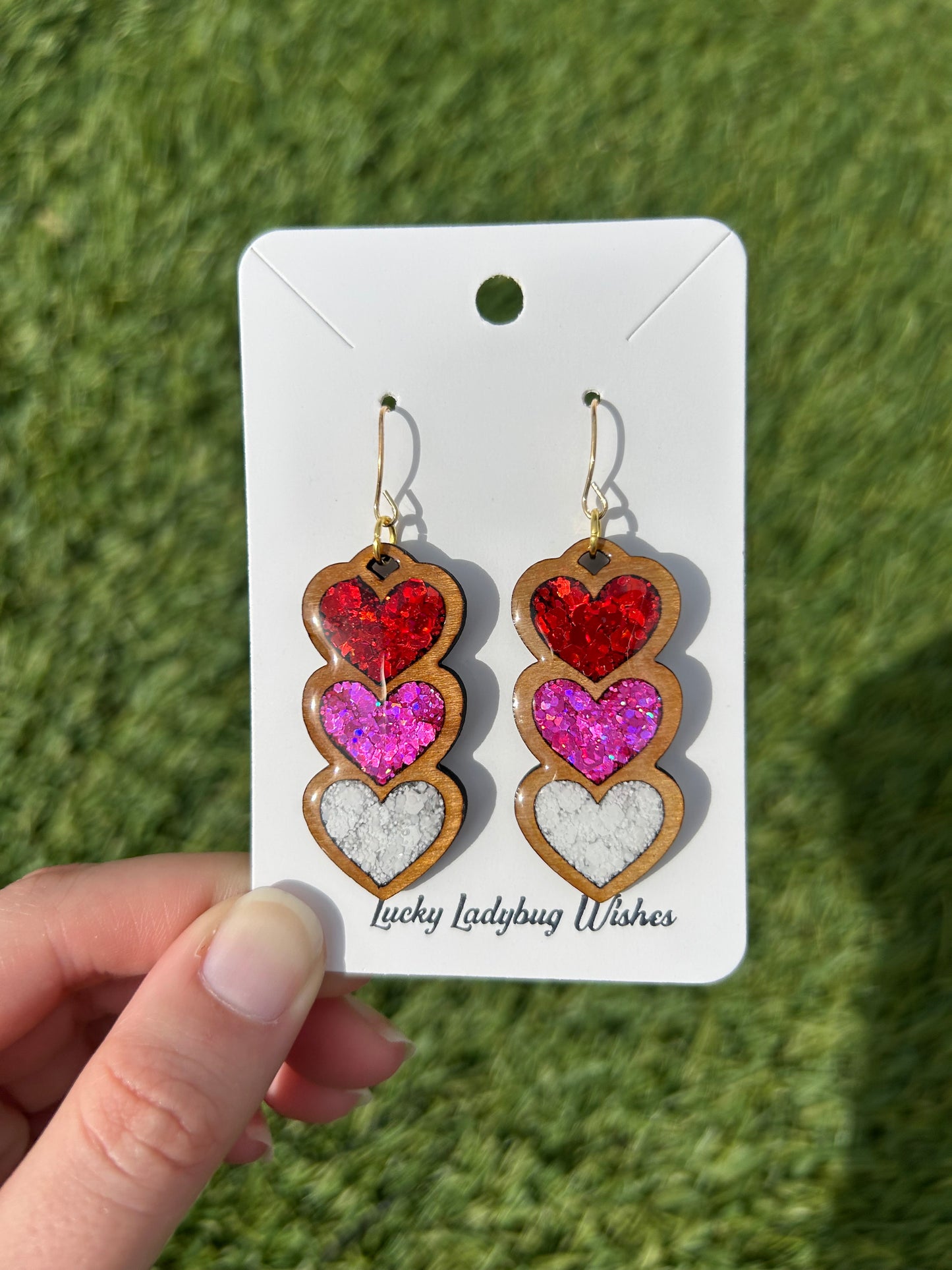 3 stack heart wooden earrings