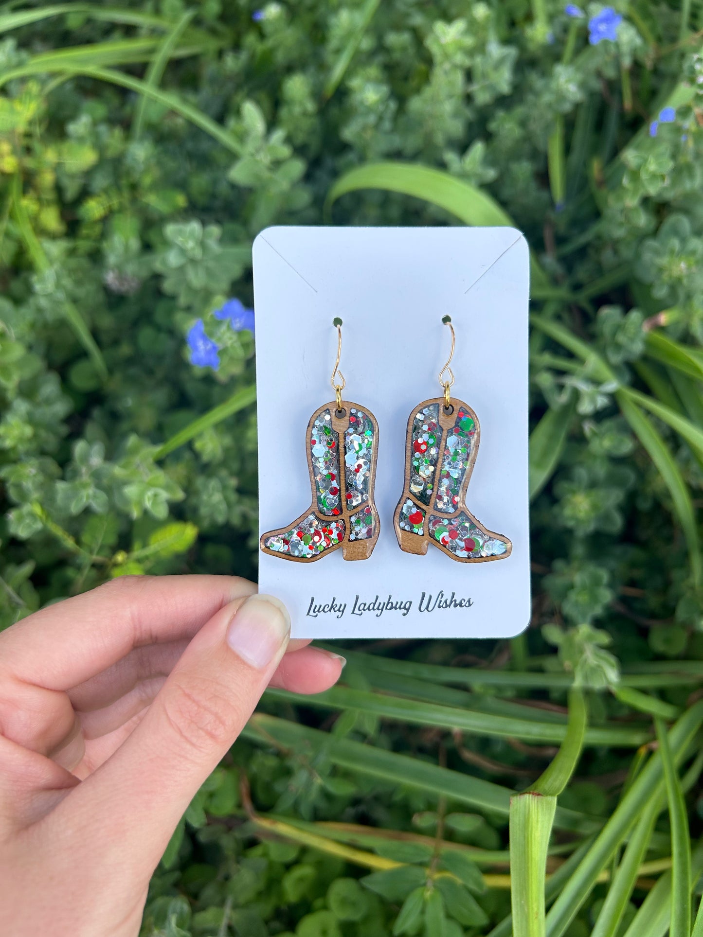 Wooden Christmas boot earrings