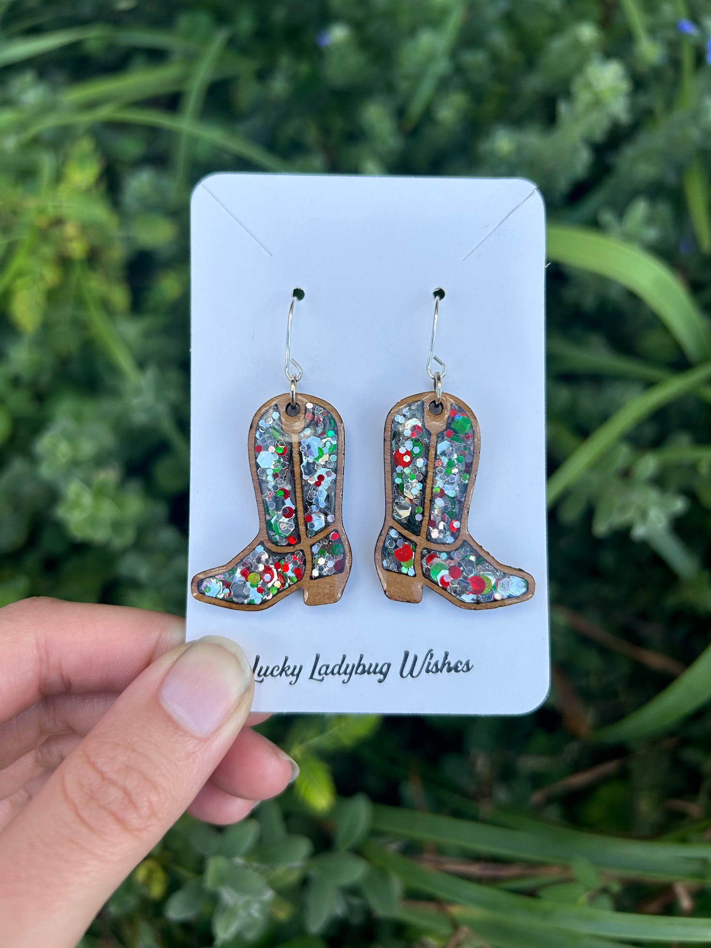 Wooden Christmas boot earrings