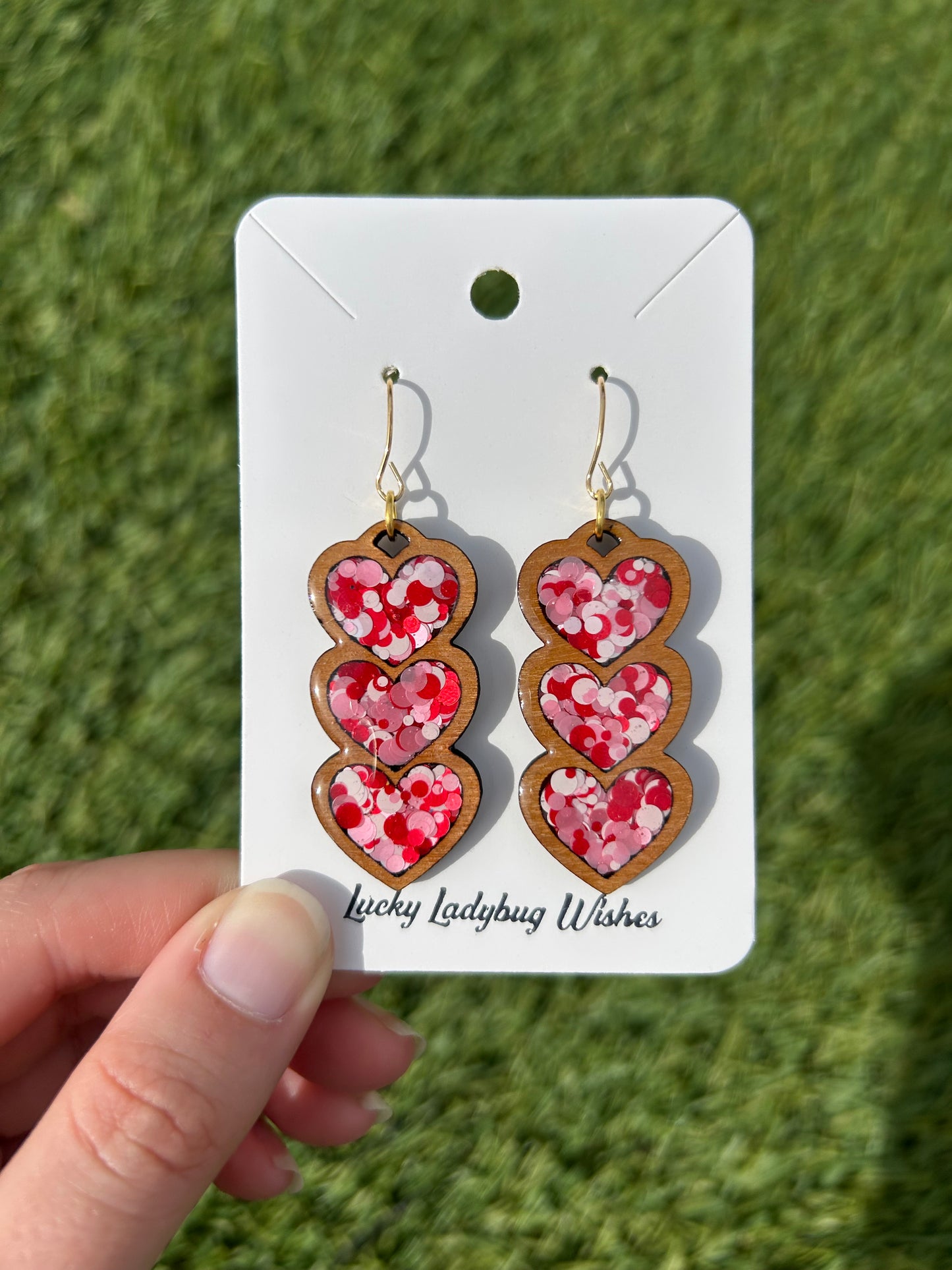 3 stack heart wooden earrings