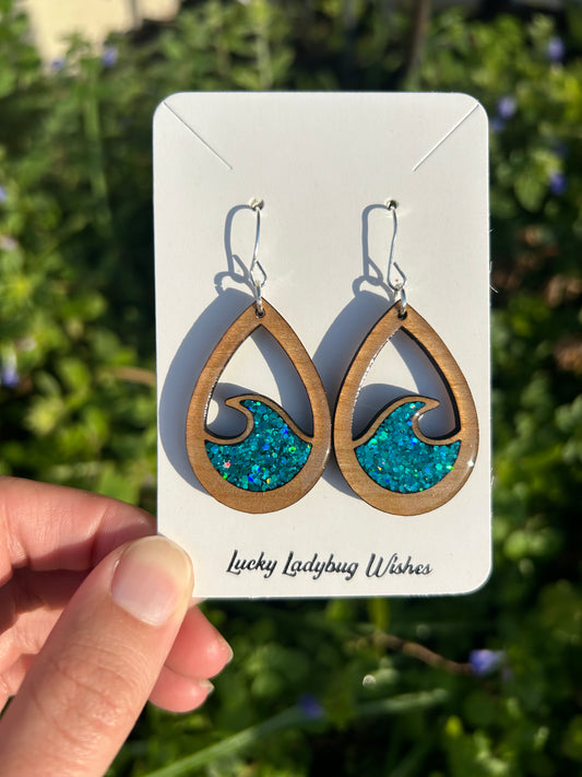 Wooden teardrop wave earrings