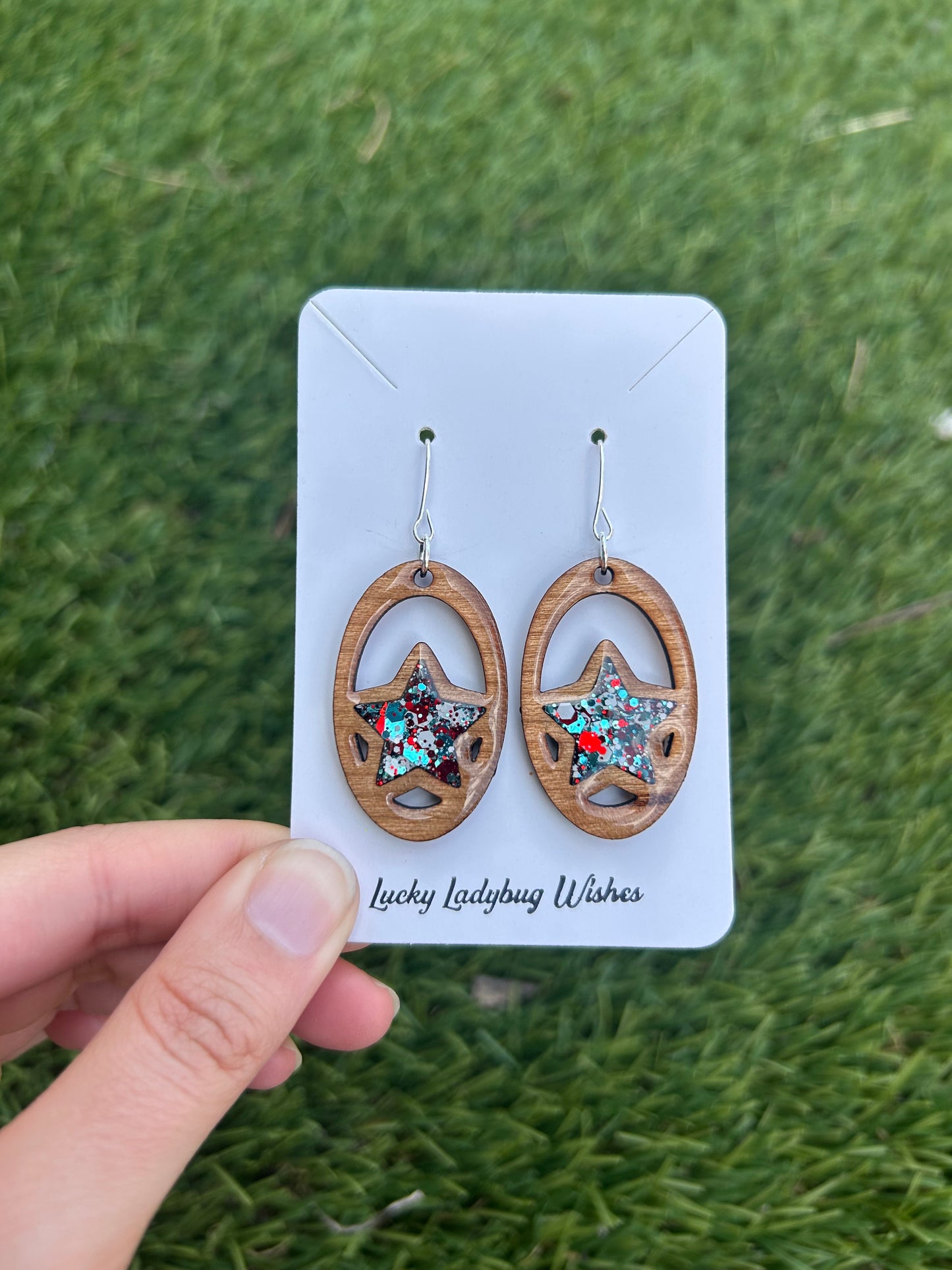 Oval Stars wooden earrings