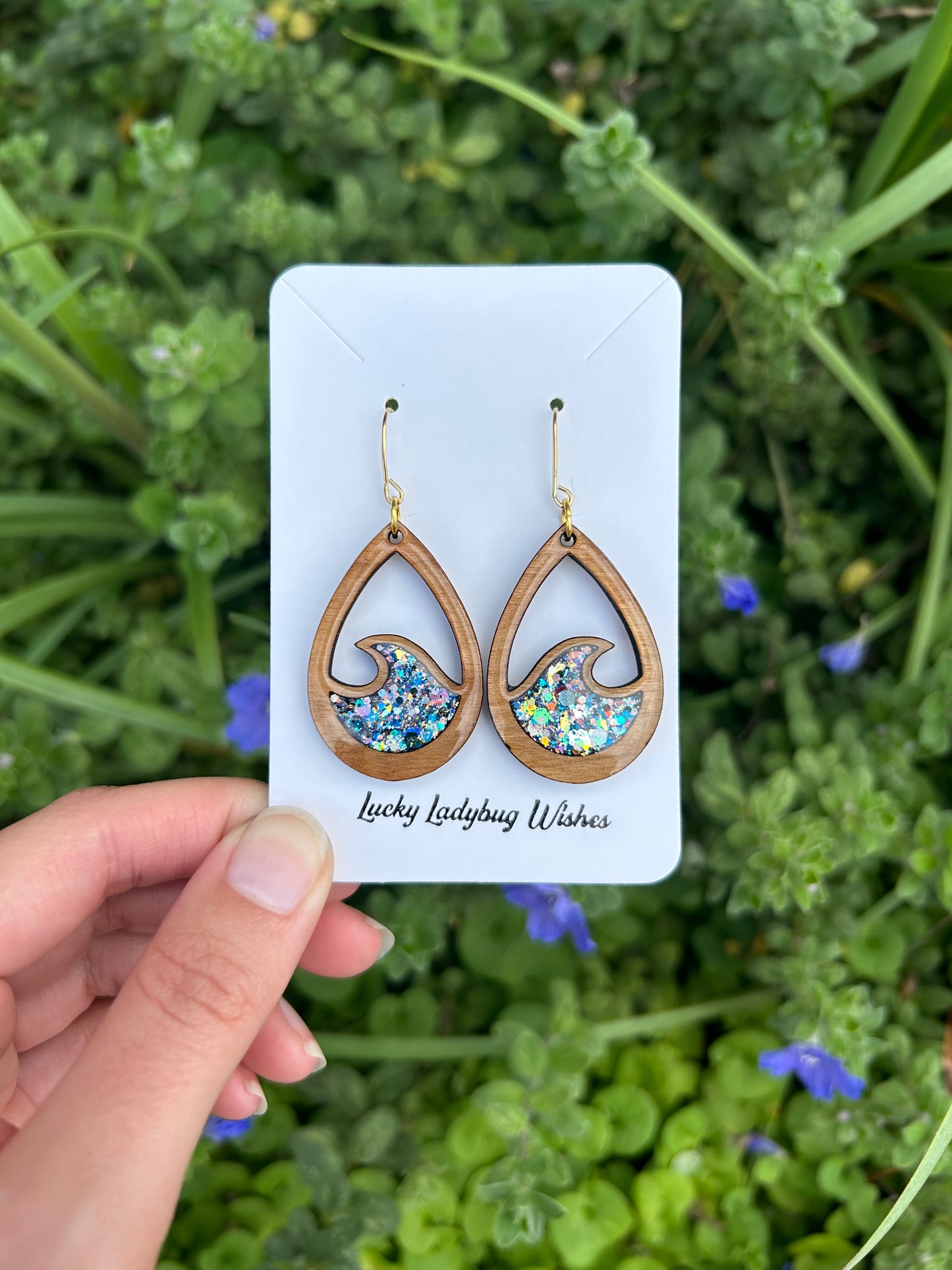Wooden teardrop wave earrings