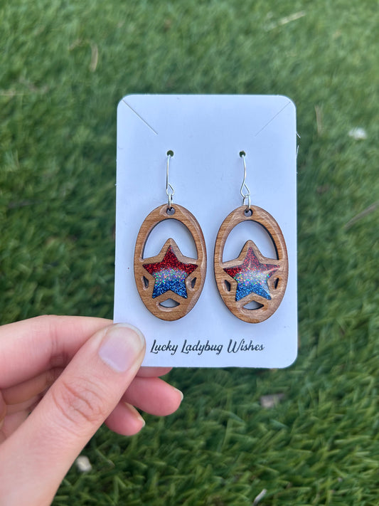 Oval Stars wooden earrings