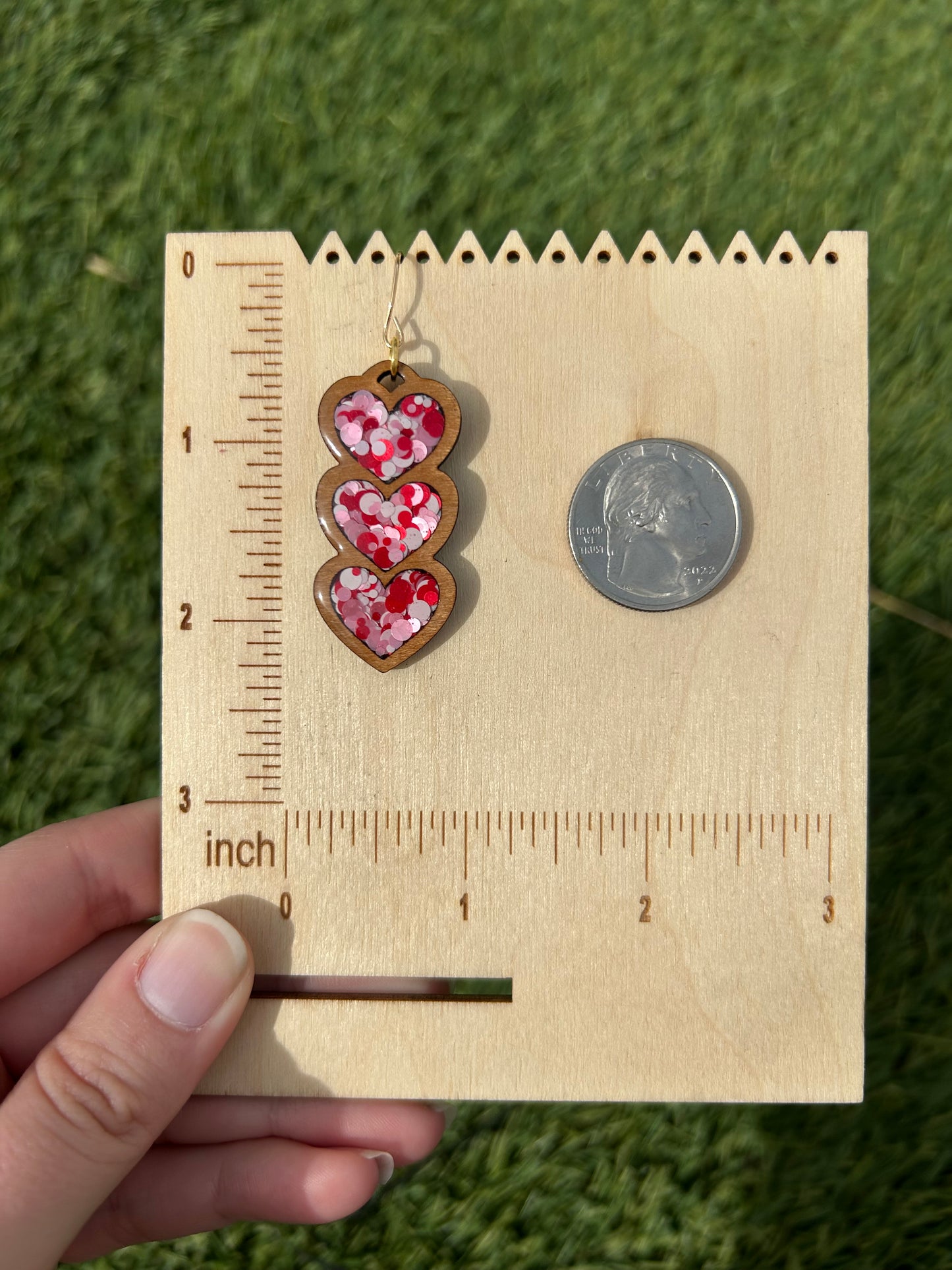 3 stack heart wooden earrings