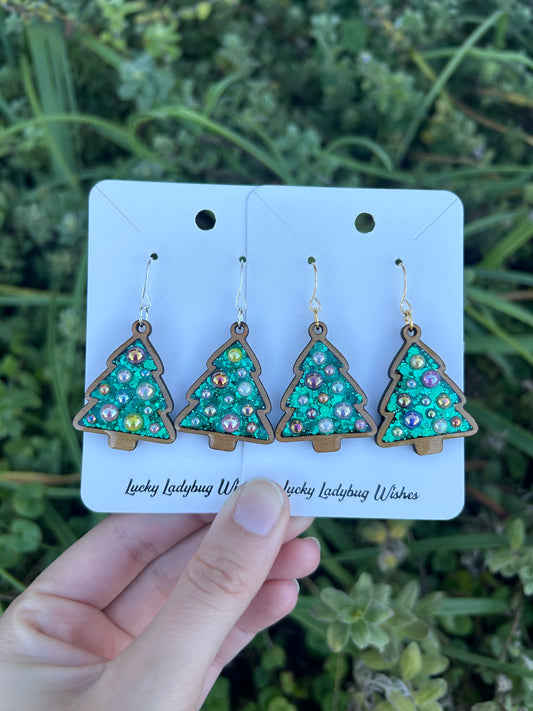 Wooden Christmas tree earrings
