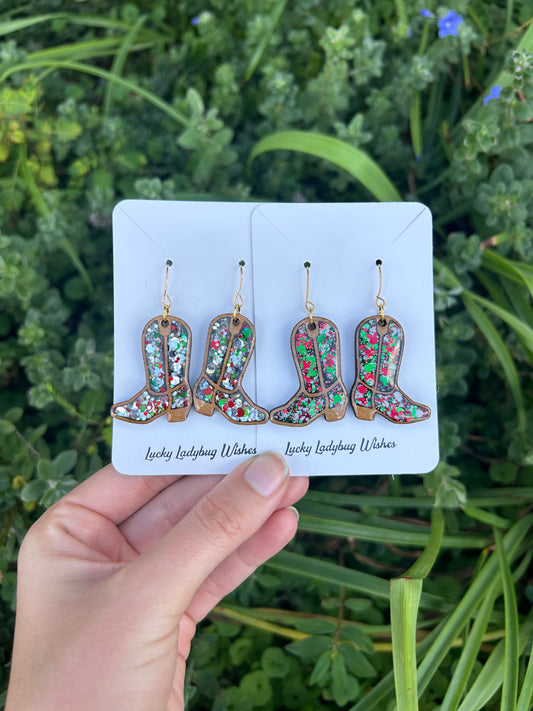 Wooden Christmas boot earrings